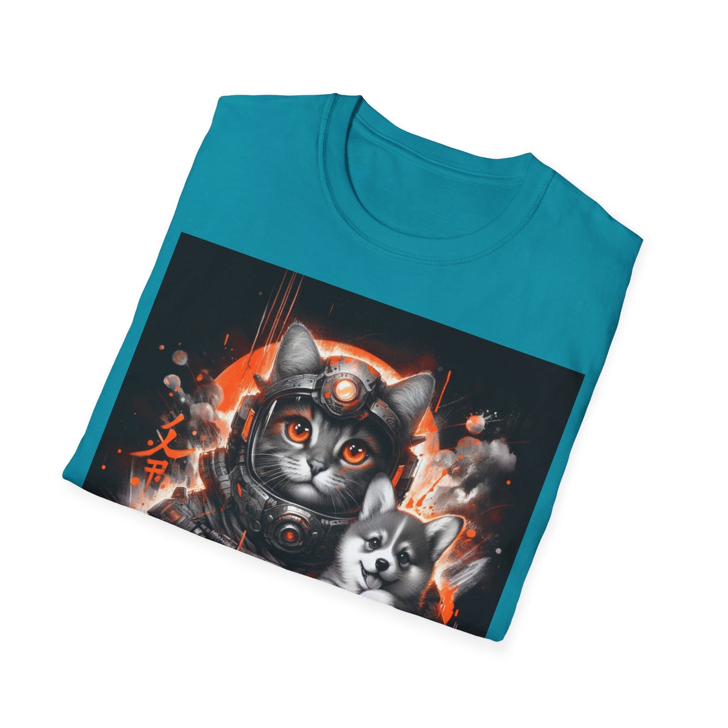 Futuristic Cat Holding Corgi - Front & Side Prints - Softstyle T-Shirt