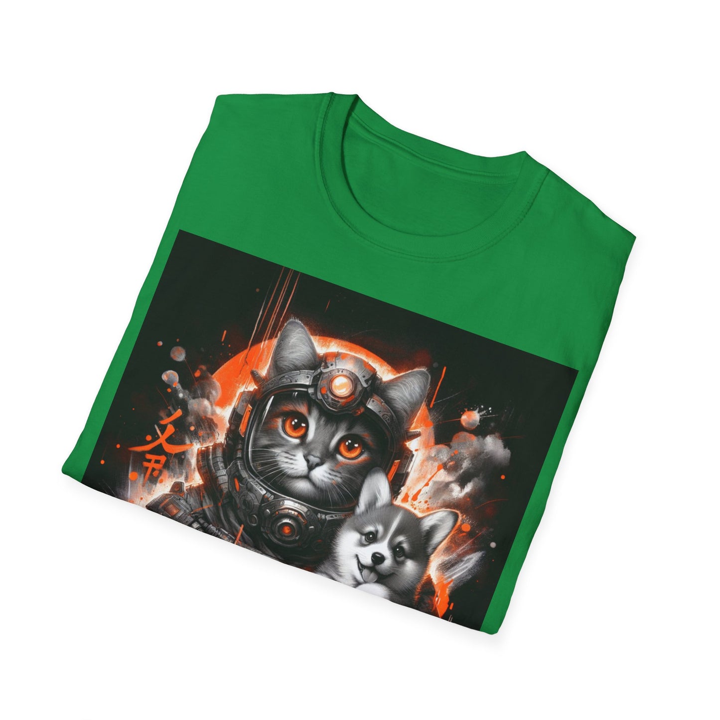 Futuristic Cat Holding Corgi - Front & Side Prints - Softstyle T-Shirt