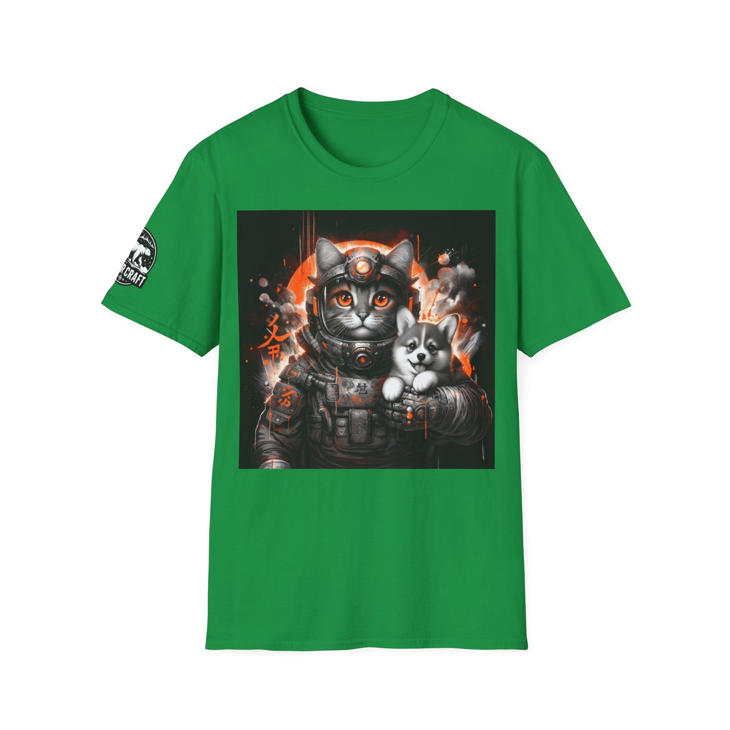 Futuristic Cat Holding Corgi - Front & Side Prints - Softstyle T-Shirt