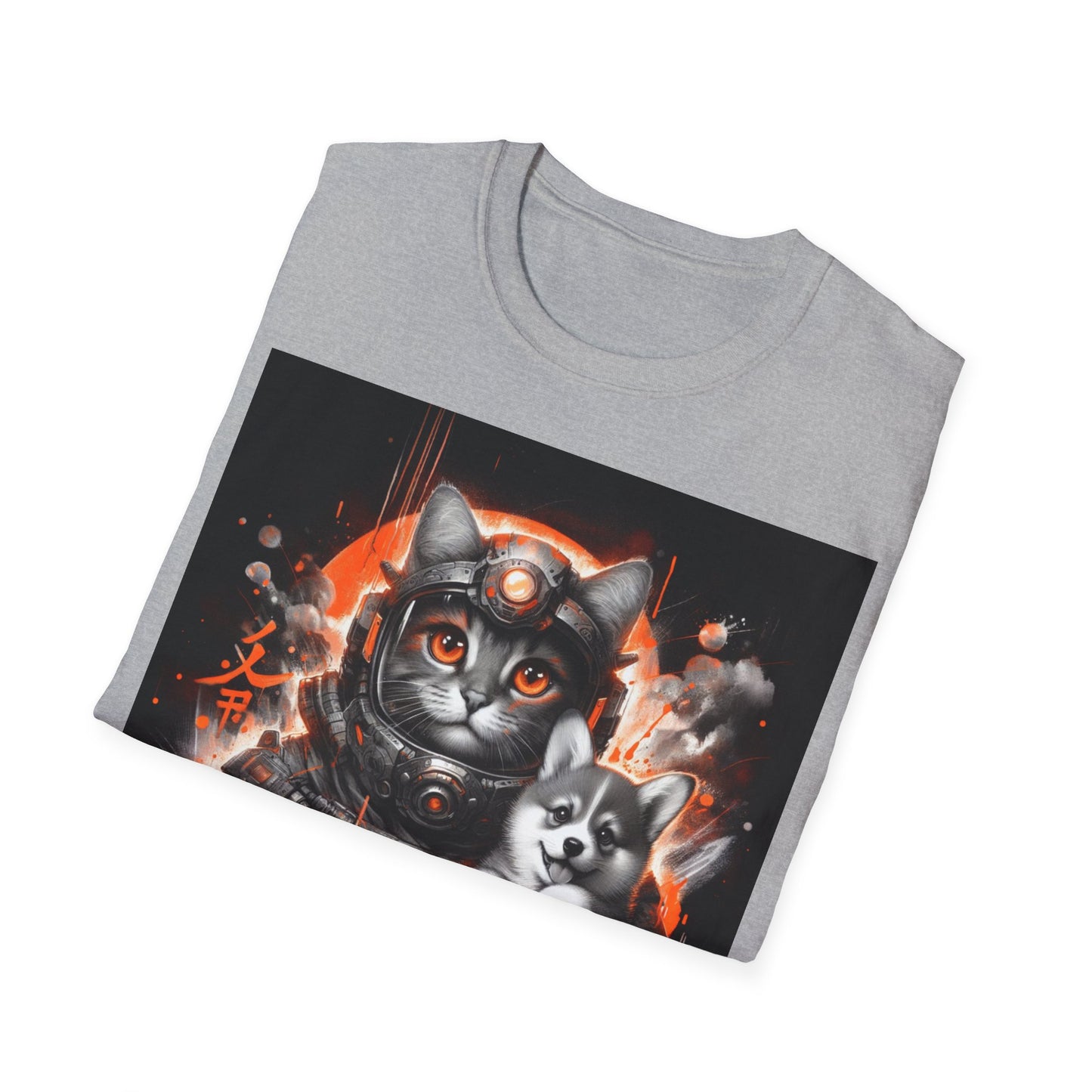 Futuristic Cat Holding Corgi - Front & Side Prints - Softstyle T-Shirt