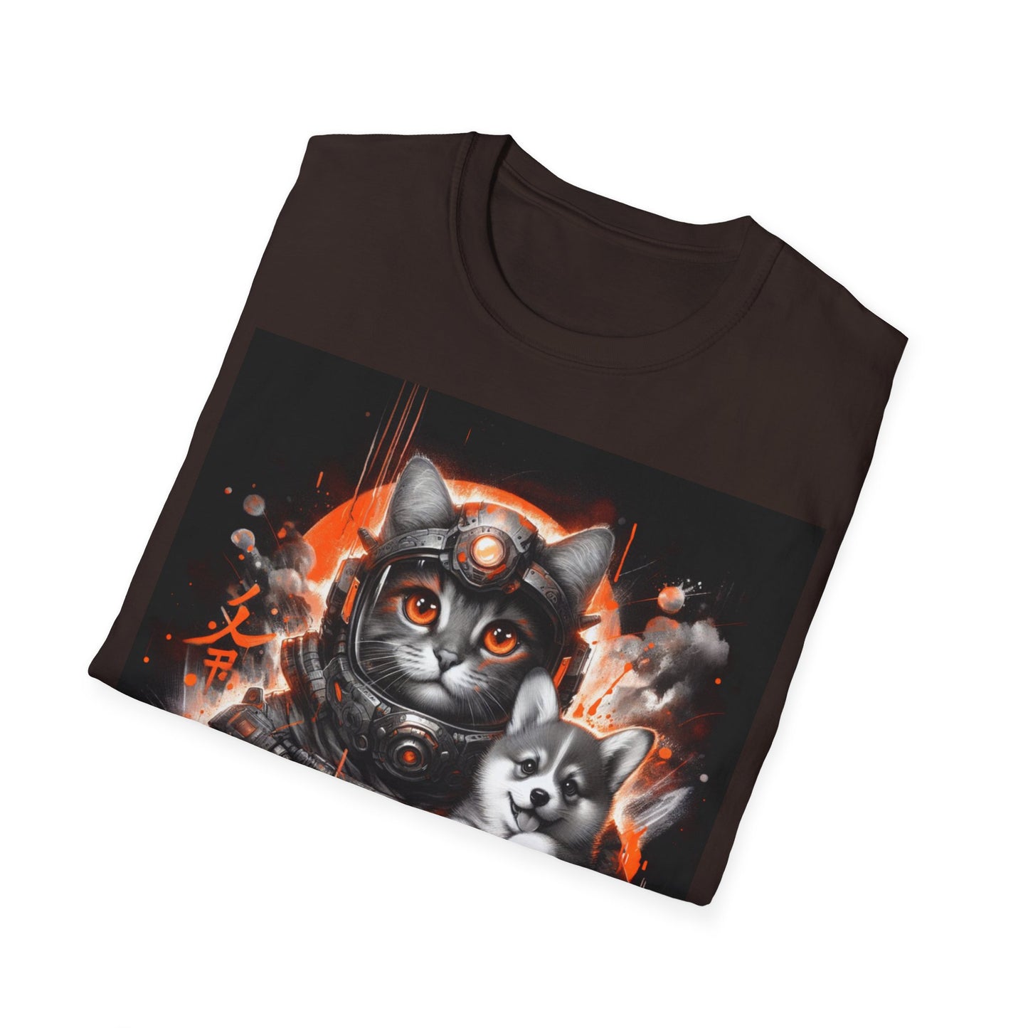 Futuristic Cat Holding Corgi - Front & Side Prints - Softstyle T-Shirt