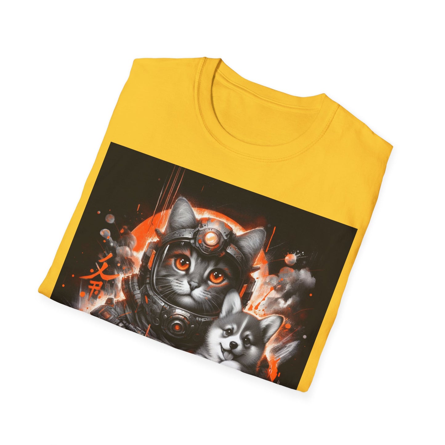 Futuristic Cat Holding Corgi - Front & Side Prints - Softstyle T-Shirt