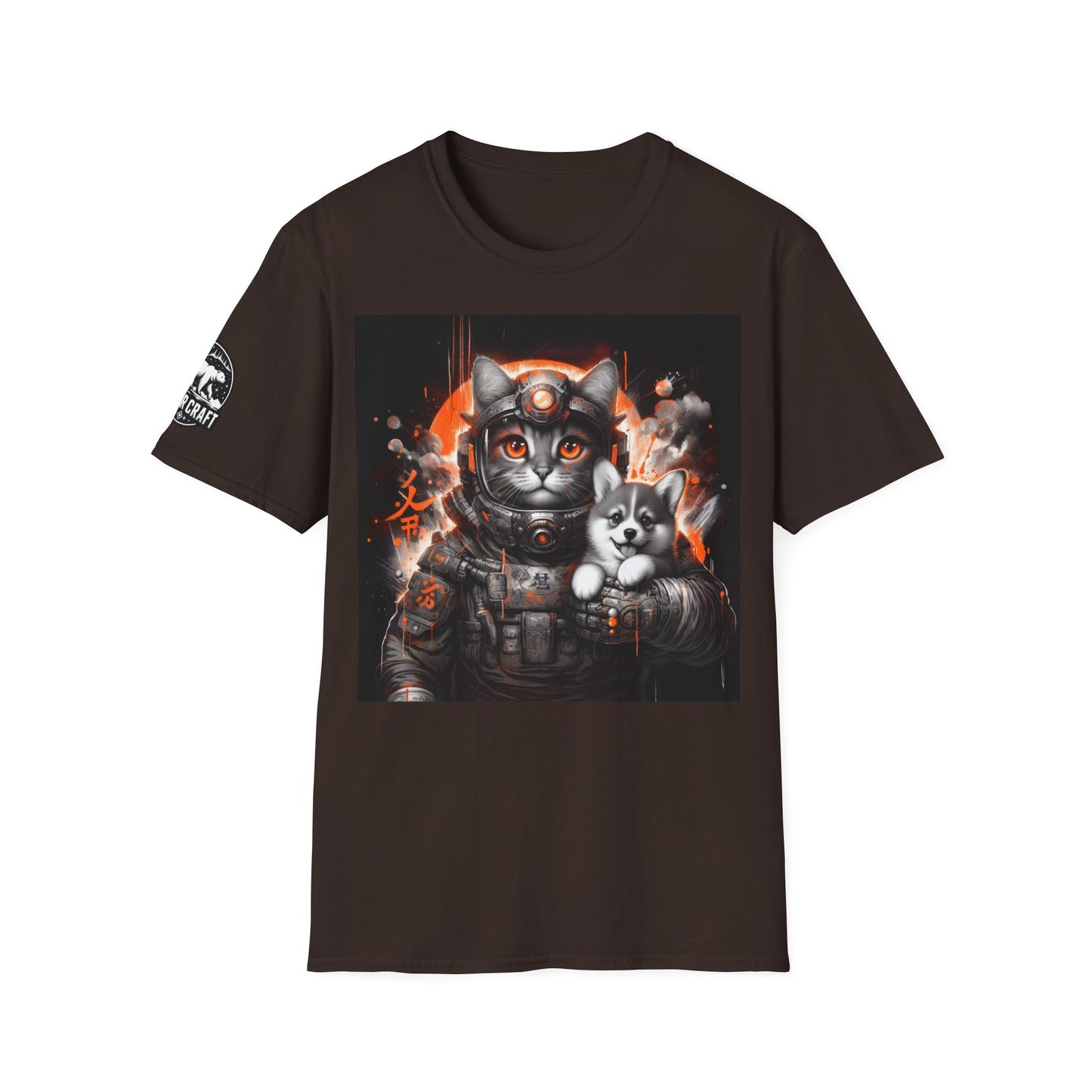 Futuristic Cat Holding Corgi - Front & Side Prints - Softstyle T-Shirt