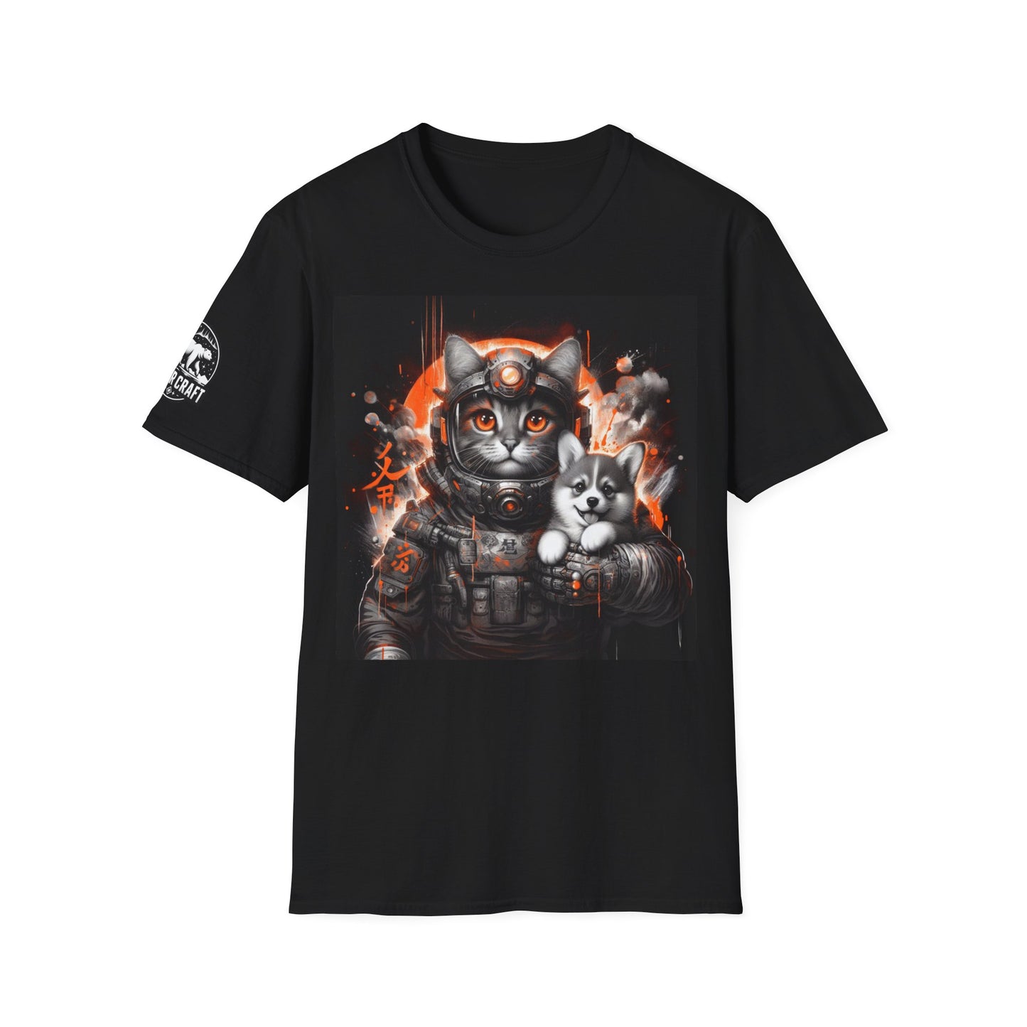 Futuristic Cat Holding Corgi - Front & Side Prints - Softstyle T-Shirt