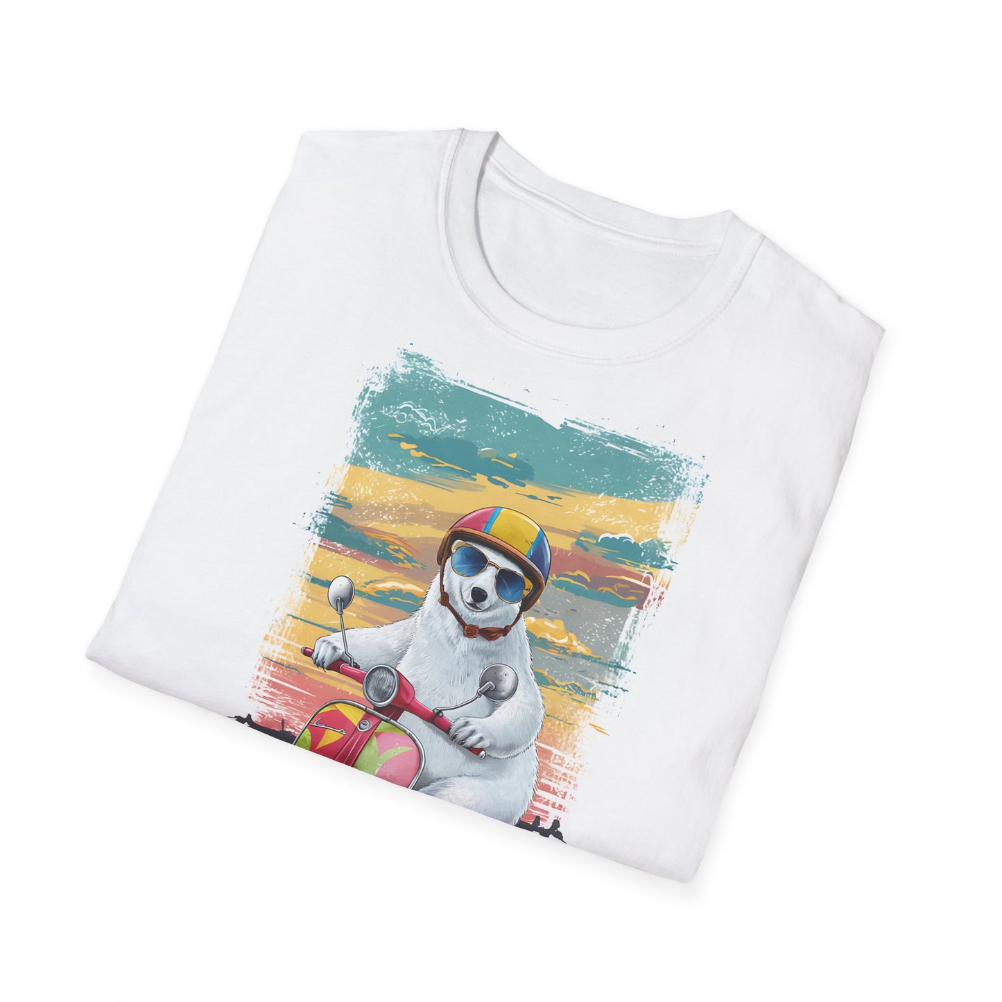 Polar Bear Riding a Vespa - Front & Side Prints - Softstyle T-Shirt