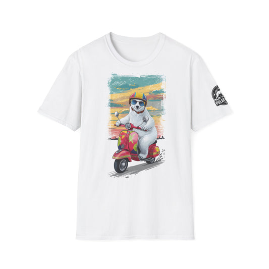 Polar Bear Riding a Vespa - Front & Side Prints - Softstyle T-Shirt