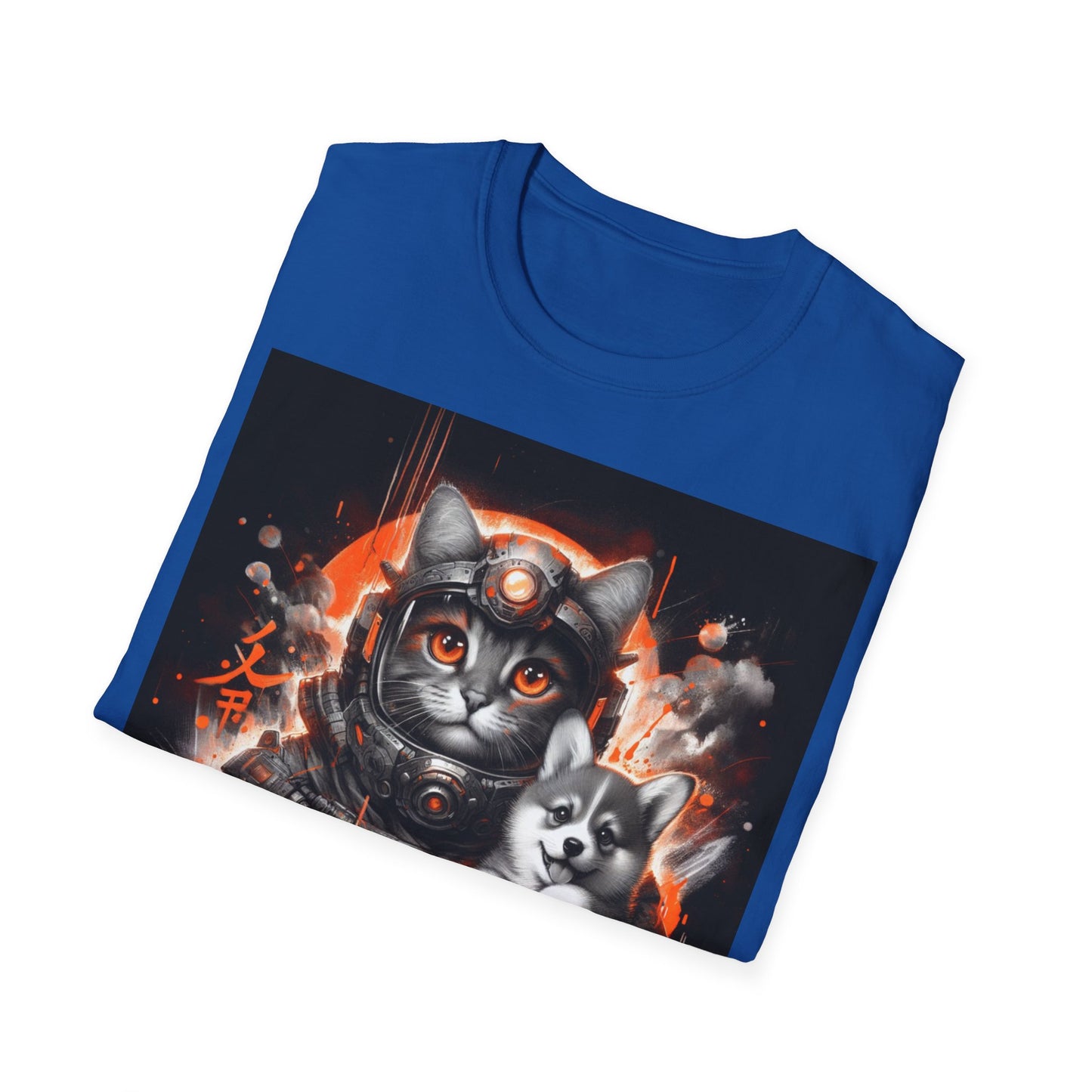 Futuristic Cat Holding Corgi - Front & Side Prints - Softstyle T-Shirt