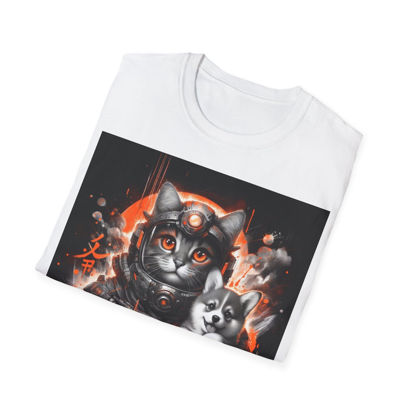 Futuristic Cat Holding Corgi - Front & Side Prints - Softstyle T-Shirt