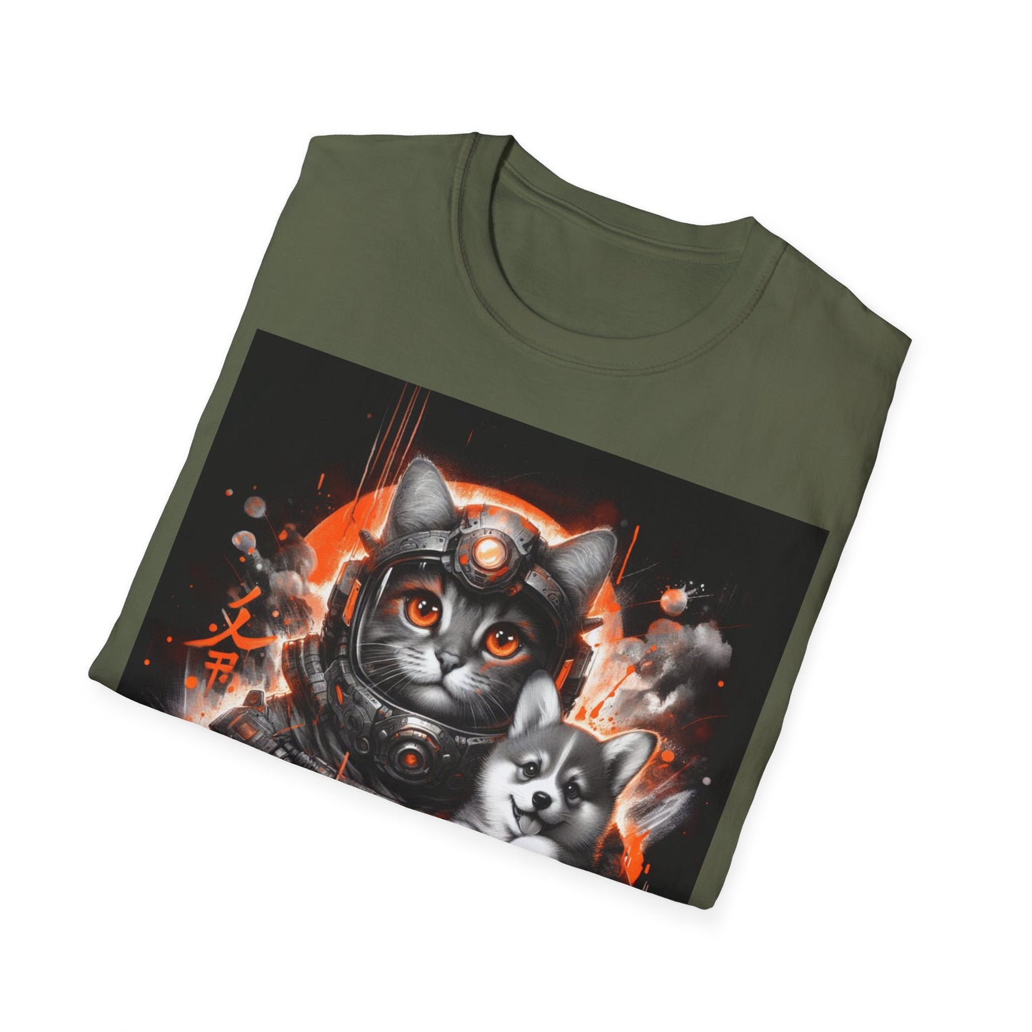 Futuristic Cat Holding Corgi - Front & Side Prints - Softstyle T-Shirt