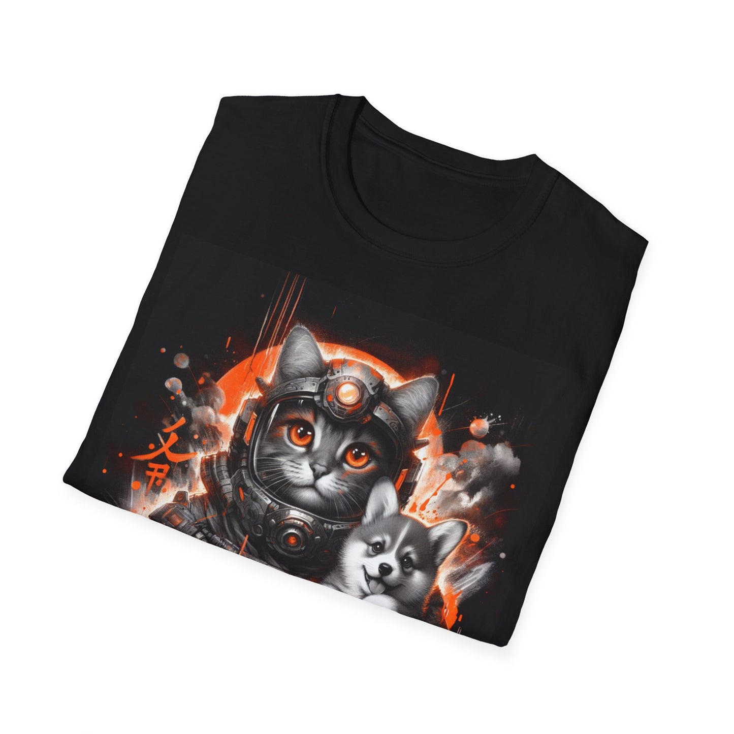 Futuristic Cat Holding Corgi - Front & Side Prints - Softstyle T-Shirt