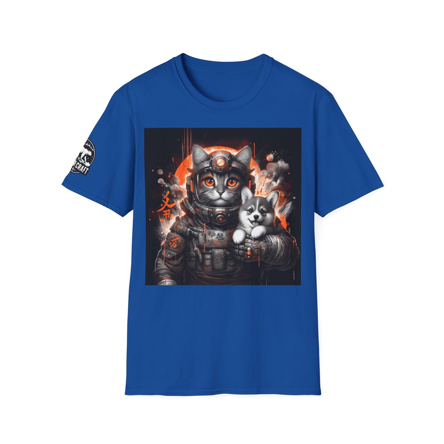 Futuristic Cat Holding Corgi - Front & Side Prints - Softstyle T-Shirt